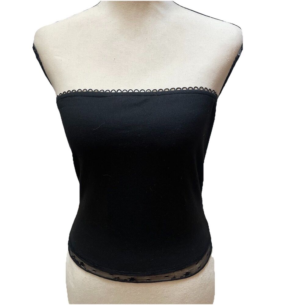Y2K Style Black Strapless Tube Top with Scalloped Trim & Sheer Star Mesh Hem